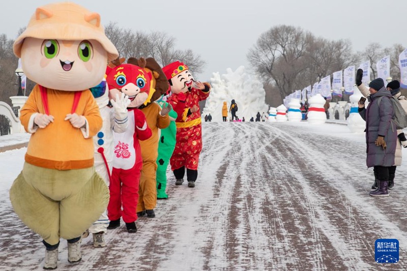 1월 1일, 하얼빈(哈爾濱) 타이양다오(太陽島) 눈박람회장을 찾은 관광객과 스탭들이 함께하는 모습이다.