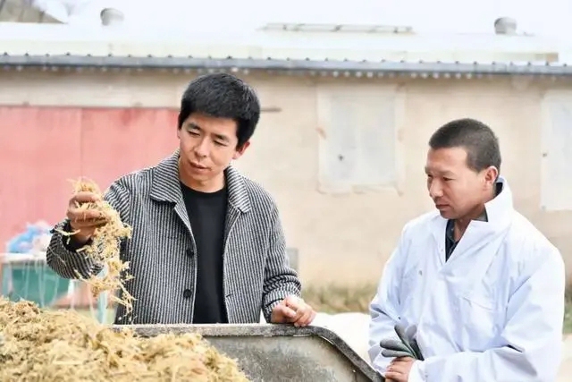 장중산(왼쪽)이 풀사료의 품질을 살펴보면서 농민에게 사료 배합 관련 지식을 알려주고 있다. [사진 제공: 장중산]
