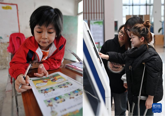 ◀광시 링촨현 링촨진 싼차웨이초등학교에서 둥첸이 침대에 엎드려 공부하고 있다. [2012년 9월 13일 촬영/사진 출처: 신화사] ▶둥첸(오른쪽)이 광시 구이린사범고등전문대학 도서관에서 전자 기기로 책을 찾고 있다. [2024년 3월 13일 촬영/사진 출처: 신화사]