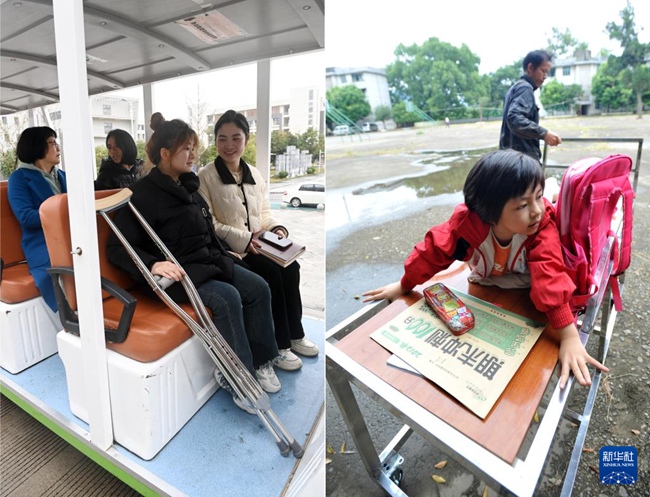 ◀광시 구이린사범고등전문대학에서 둥첸(앞줄 왼쪽)이 방과 후 밥을 먹기 위해 식당으로 가는 교내 셔틀버스에 앉아 있다. [2024년 3월 13일 촬영/사진 출처: 신화사] ▶싼차웨이초등학교에서 둥첸의 아버지가 방과 후 밥을 먹기 위해 둥첸이 탄 이동형 침대를 끌며 기숙사로 돌아가고 있다. [2012년 9월 13일 촬영/사진 출처: 신화사]