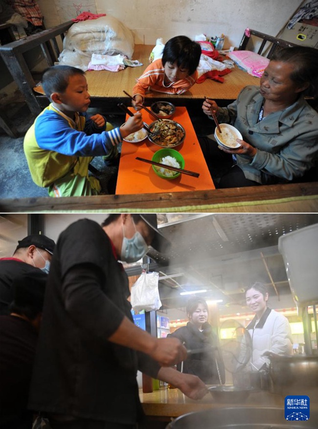 ▲둥첸이 기숙사에서 점심을 먹고 있다. [2012년 9월 13일 촬영/사진 출처: 신화사] ▼둥첸이 식당에서 식사를 기다리고 있다. [2024년 3월 13일 촬영/사진 출처: 신화사]