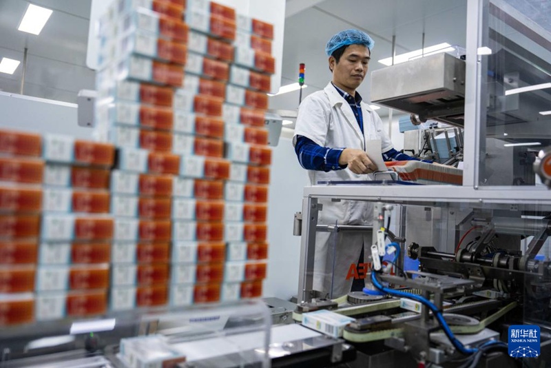 류양 경제개발구에 위치한 후난 화나 제약회사 직원이 약품을 포장한다. [4월 9일 촬영/사진 출처: 신화사]