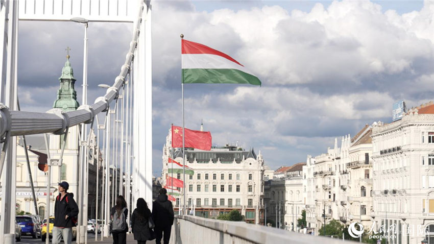 헝가리 부다페스트 엘리자베스 다리 위로 휘날리는 중국과 헝가리 양국 국기 [사진 출처: 인민망]