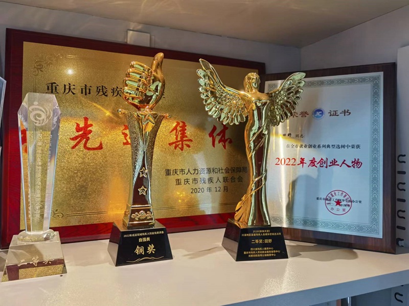 톈예 본인이 충칭시 2022년 창업인물을 수상한 것을 포함해 그와 그의 회사가 수상한 영예들 [사진 출처: 인민망]