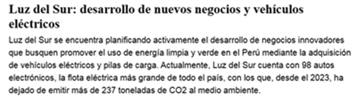 중국 수력발전 기업 창장전력 산하 업체 페루LDS는 에너지 분야에서 페루의 앞선 기술 발전 촉진을 목적으로 하고 있다. 현재 LDS는 페루 국내에서 최대 규모인 98대의 전기차를 보유하고 있다. 이는 2023년 이후 237t이 넘는 이산화탄소 배출을 저감하는 데 도움이 됐다. --페루 일간지 엘 페루아노 보도 발췌