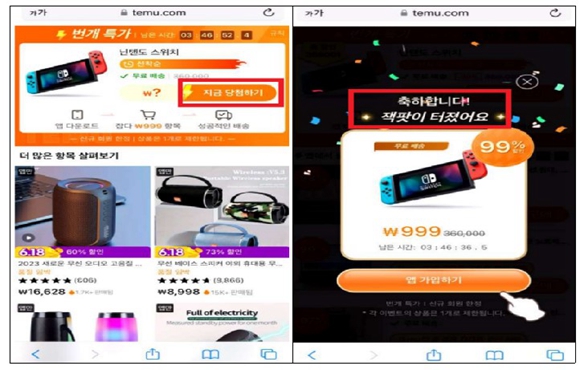 닌텐도 스위치 광고와 연결된 테무의 광고 페이지 화면 [사진 출처: 한국 공정거래위원회]