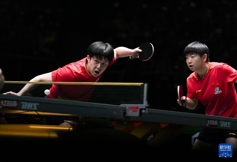 중국팀 왕추친/쑨잉사 조가 혼합 복식 경기에서 경기 중인 모습. 그들은 일본팀 마츠시마 소라/오도 사츠키 조를 3:0으로 이겼다. [12월 7일 촬영/사진 출처: 신화사]