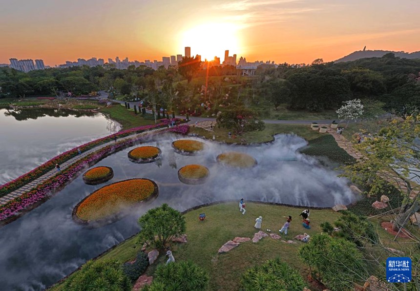 칭슈산 풍경구 추스화원에서 꽃을 감상하는 관광객들 [11월 26일 드론 촬영/사진 출처: 신화사]