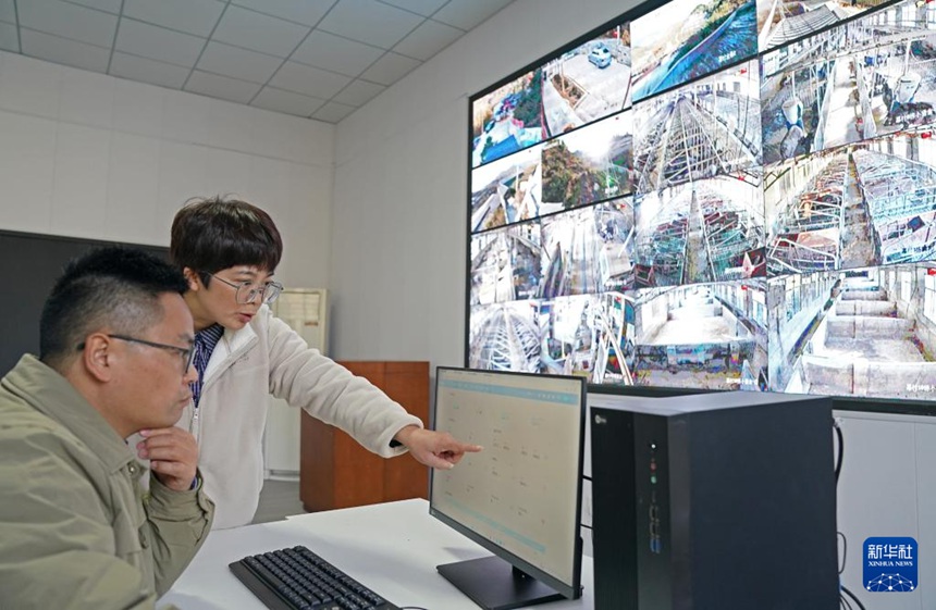 무춘 항주생태농장에서 루단과 쩌우링리가 스마트 모니터시스템으로 돼지 성장 현황을 실시간으로 체크한다. [12월 3일 촬영/사진 출처: 신화사]