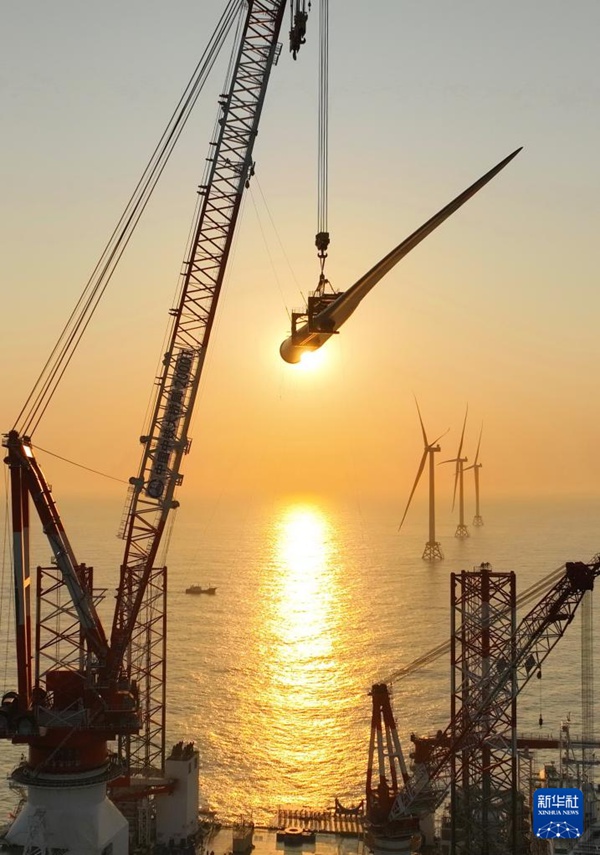 20MW 풍력 발전기 블레이드 조립 작업 현장 [1월 13일 드론 촬영/사진 출처: 신화사]