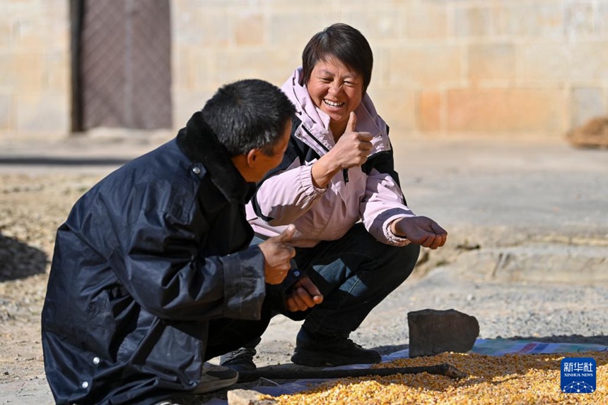 마을 주민 청자오메이(程嬌梅)가 옥수수 줍는 것을 도와준 친하이쑹에게 엄지손가락을 들어 감사를 표시하고 있다. [2025년 12월 1일 촬영/사진 출처: 신화사]