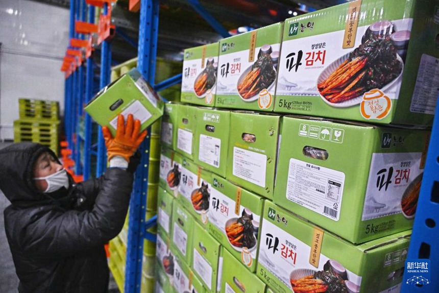 칭다오 눙이식품유한공사 직원들이 한국으로 발송될 예정인 김치를 검사하고 있다. [1월 29일 촬영/사진 출처: 신화사]