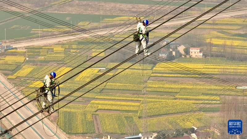 안후이성 퉁링시 쭝양현 창장강 강가에서 안후이 송·변전공정유한회사 점검 작업자들이 300m 이상의 고공에서 점검 작업을 진행하고 있다. [3월 10일 드론 촬영/사진 출처: 신화사]