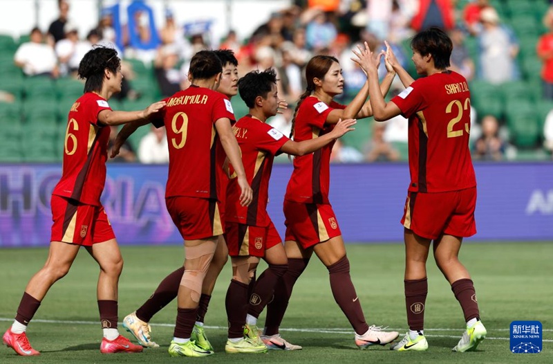 중국팀 선수들이 득점을 기뻐하고 있다. [3월 14일 촬영/사진 출처: 신화사]