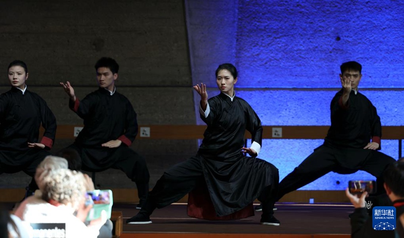 태극권 수련자들이 행사에서 태극권을 시연하고 있다. [3월 18일 촬영/사진 출처: 신화사]