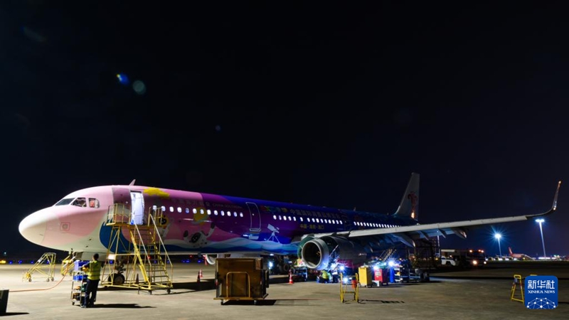 중국남방항공 기술공정지사 정비 엔지니어가 하이커우(海口) 메이란(美蘭) 국제공항 주기장에서 ‘소비재박람회호’ 특수 도장 항공기에 대해 심층 점검을 진행하고 있다. [4월 4일 촬영/사진 출처: 신화사]