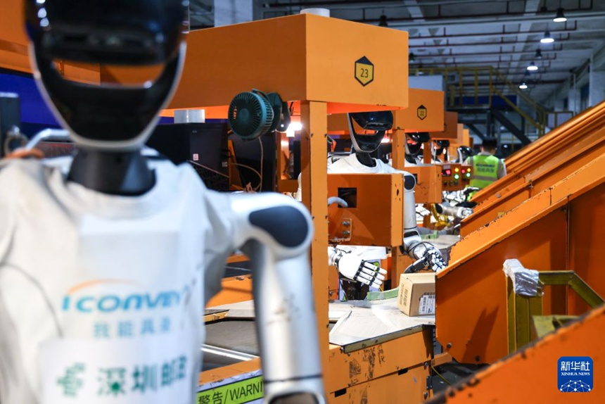 중국우정그룹유한공사 선전시 우편구 육상운송 우편물 처리센터에서 로봇 분류원들이 소포를 분류하고 있다. [8월 6일 촬영/사진 출처: 신화사]