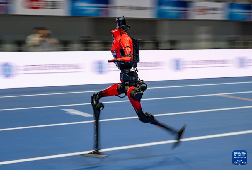 룽야오솽츠(榮耀雙馳)팀 로봇이 1500m 결승 3조 경기에서 달리고 있다. 최종 기록 2분 36초 73으로 5위를 차지했다. [8월 23일 촬영/사진 출처: 신화사]