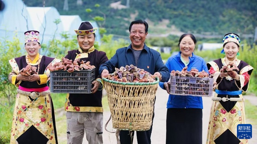 니마(가운데)와 아들 츠런뤄부(왼쪽 두 번째), 딸 춰무(오른쪽 첫 번째) 및 가족이 풍작을 이룬 백육영지를 함께 선보이고 있다. [자료 사진]