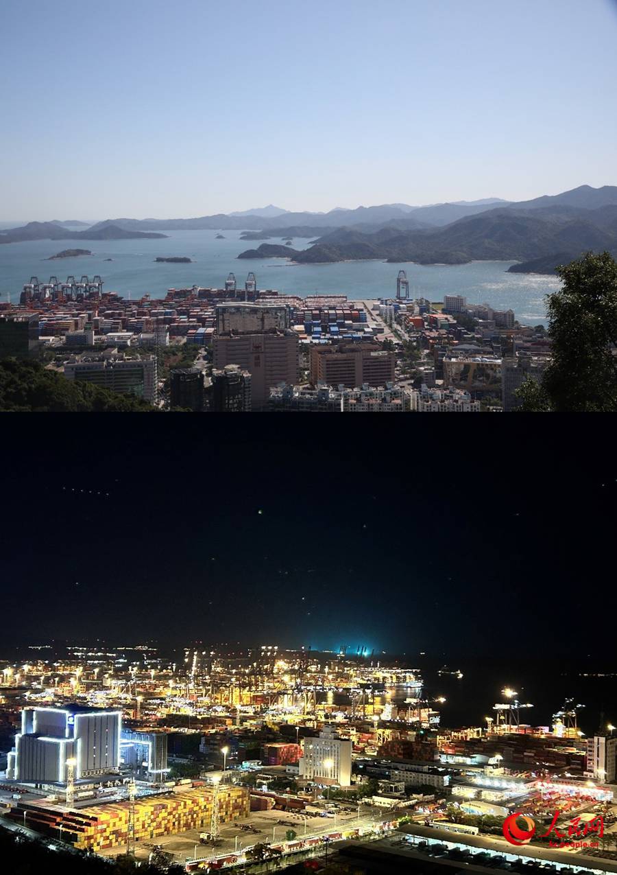 우퉁(梧桐)산 숲속응접실에서 바라본 옌톈항의 낮과 옌강 야시장에서 바라본 옌톈항의 밤