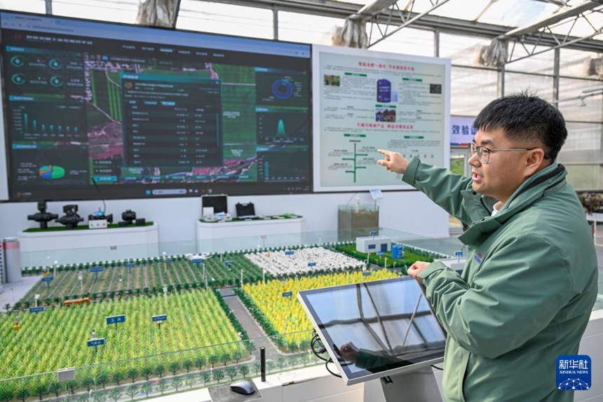 마나쓰현에 위치한 신장 신롄신(心連心)에너지화공유한공사에서 작업자가 스마트 시스템을 통해 농가의 토양 수분 상태를 실시간 모니터링하며, 비료 재고와 배송 계획을 동적으로 조정하고 있다. [3월 4일 촬영/사진 출처: 신화사]