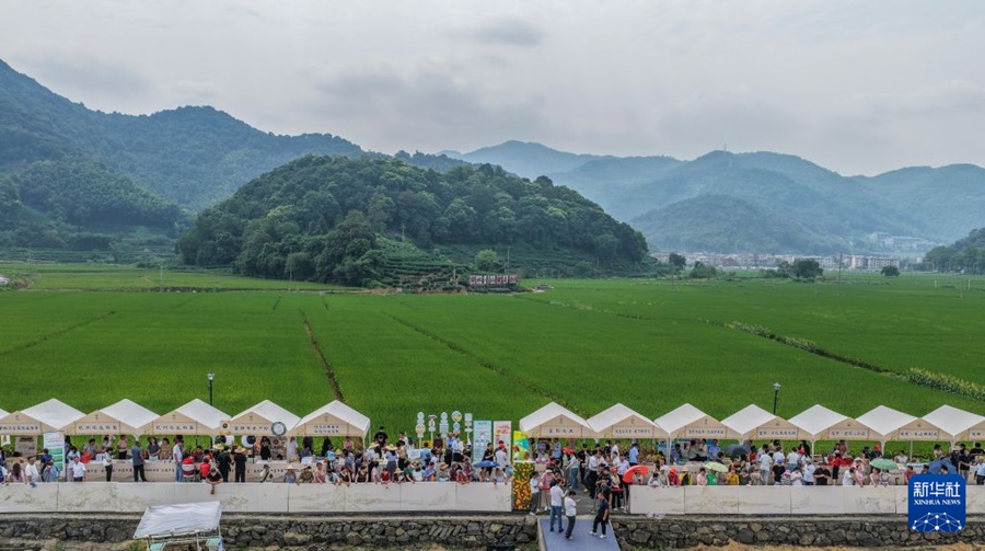 23일 저장(浙江)성 항저우(杭州)시 푸양(富陽)구 위산(漁山)향에서 촬영된 중국농민풍작절 항저우 주 행사장의 공동부유 장터[드론 촬영]